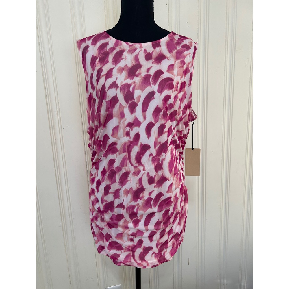 NWT Halogen Nordstrom Women 2X Vibrant Pink Abstract Ruched Mesh Sleeveless Top